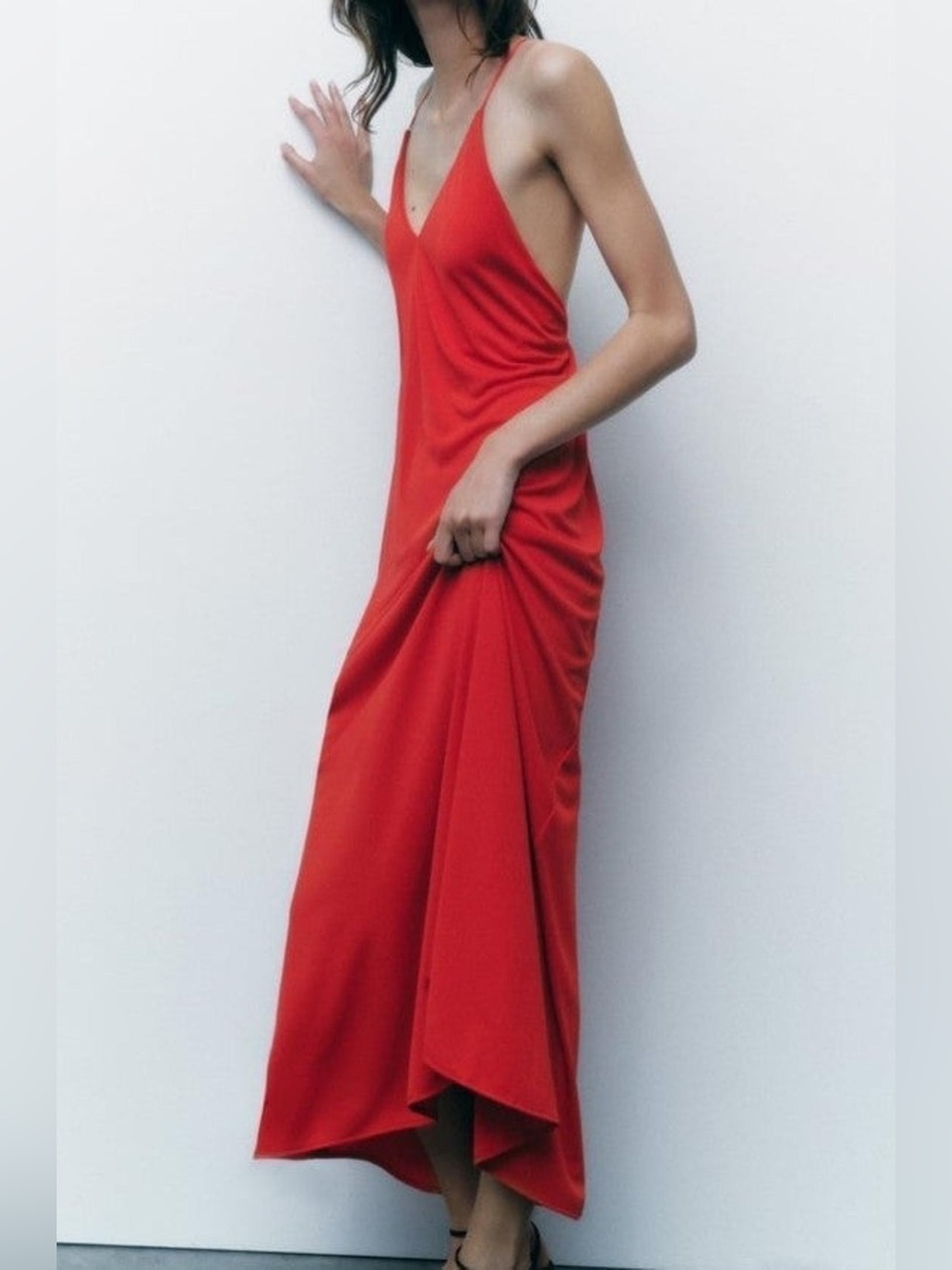 ZARA Red V-Neck Spaghetti Strap Maxi Dress. L NWT